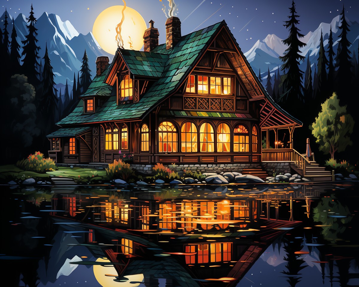 Moonlit Mountain Cabin – Paint by Numbers Kit