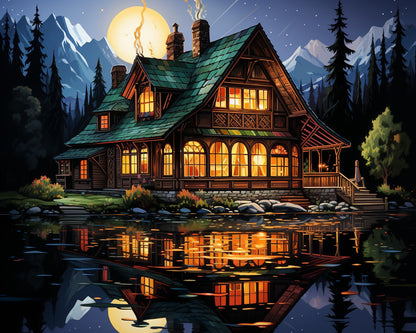Moonlit Mountain Cabin – Paint by Numbers Kit