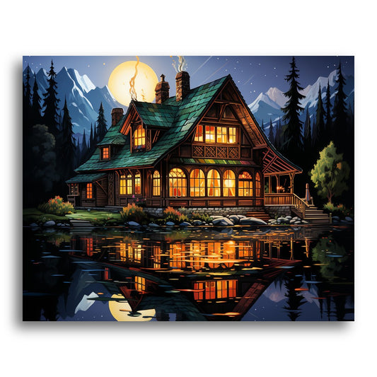 Moonlit Mountain Cabin – Paint by Numbers Kit