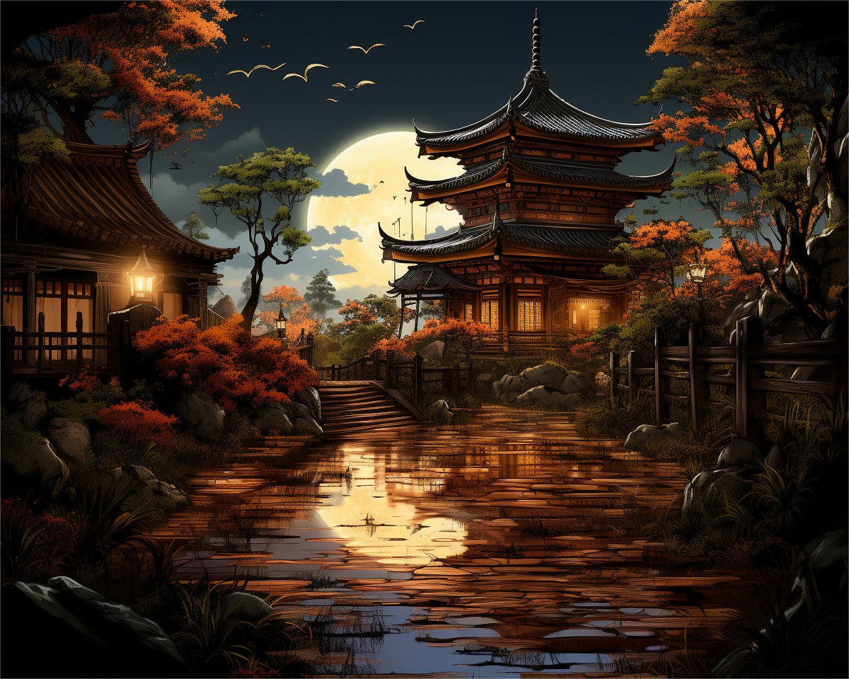 Moonlit Japanese Pagoda – Paint by Numbers Kit