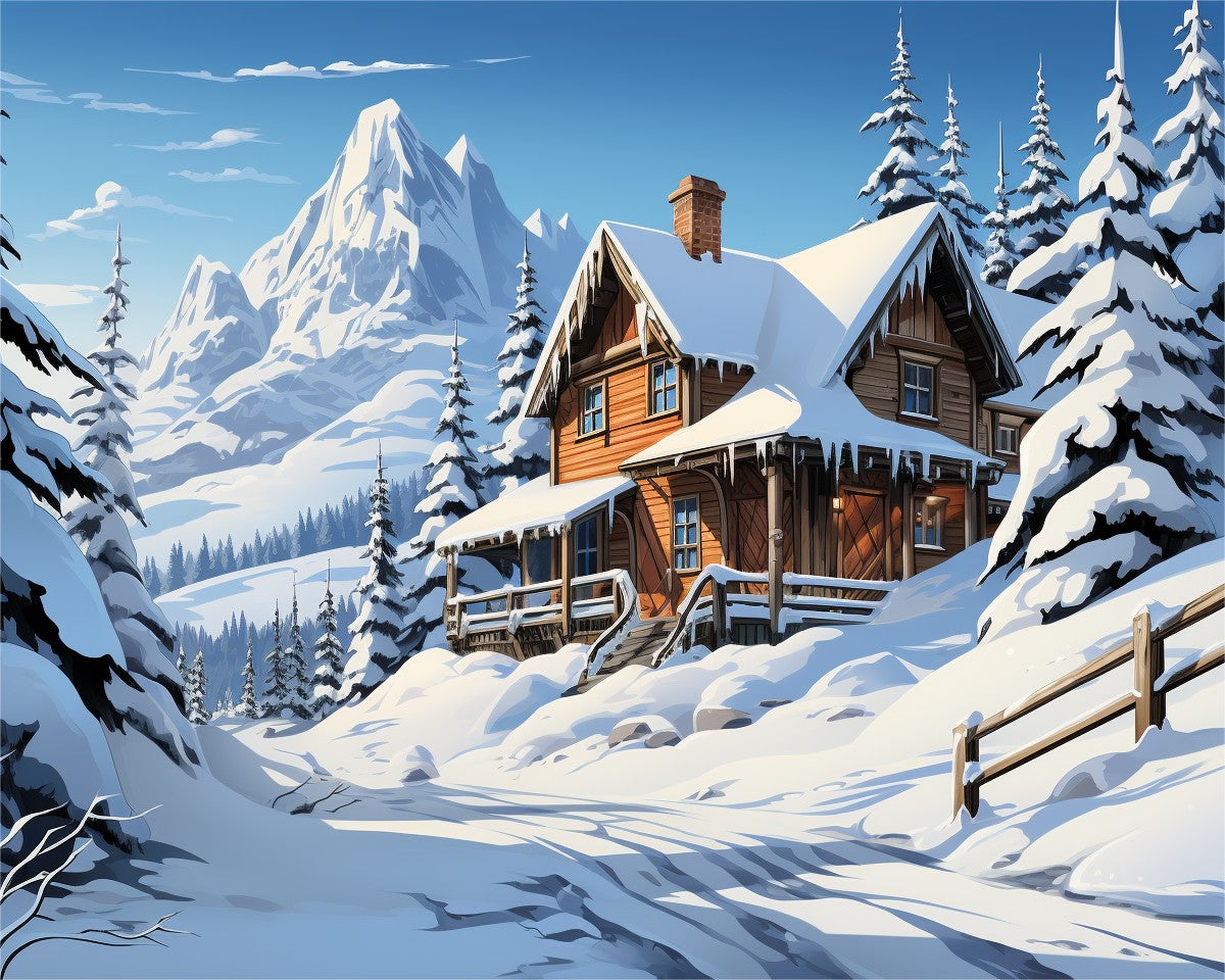 Snowy Mountain Cabin – Paint by Numbers Kit