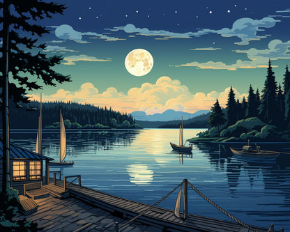 Moonlit Lakeside Boats – Paint by Numbers Kit