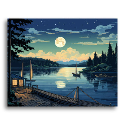 Moonlit Lakeside Boats – Paint by Numbers Kit