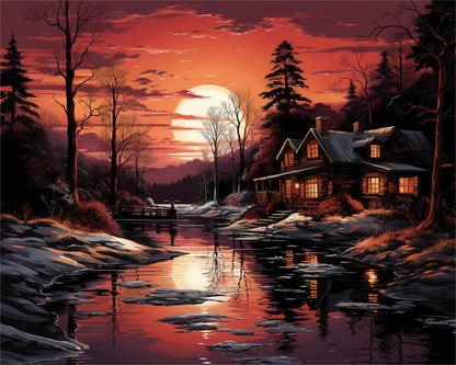 Sunset Cabin Reflection – Paint by Numbers Kit