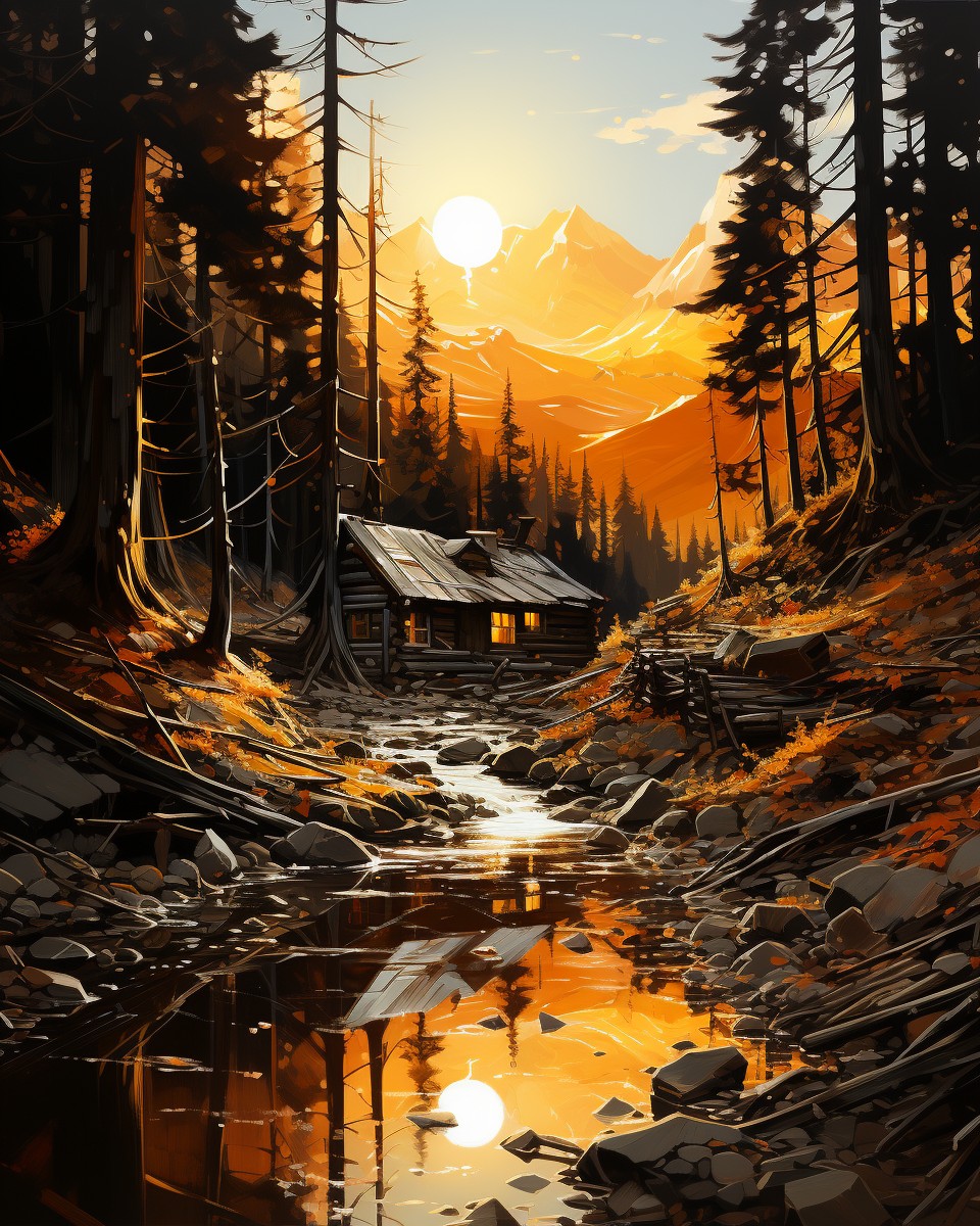 Mountain Cabin Sunset – Paint by Numbers Kit