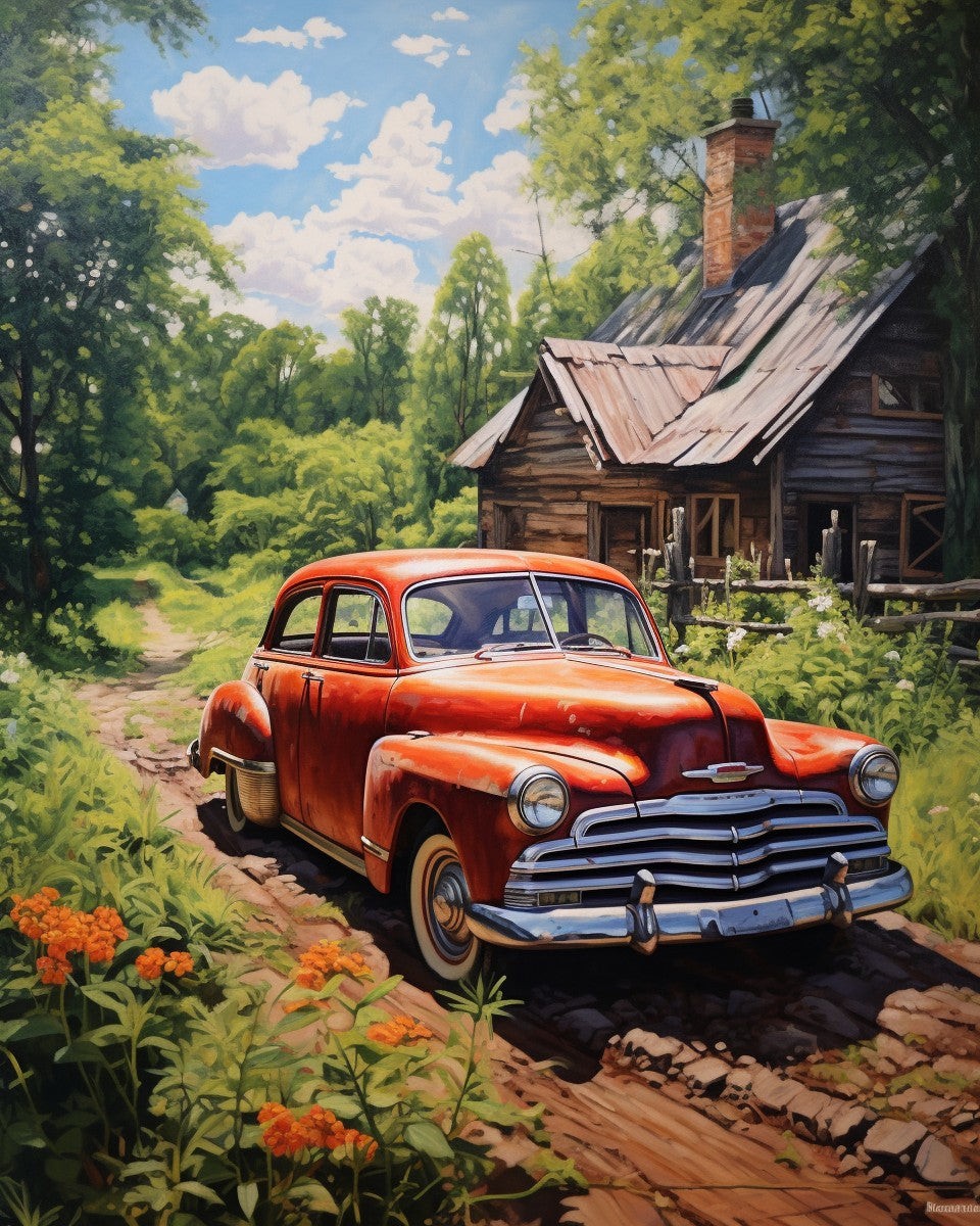 Vintage Red Car Cottage – Paint by Numbers Kit