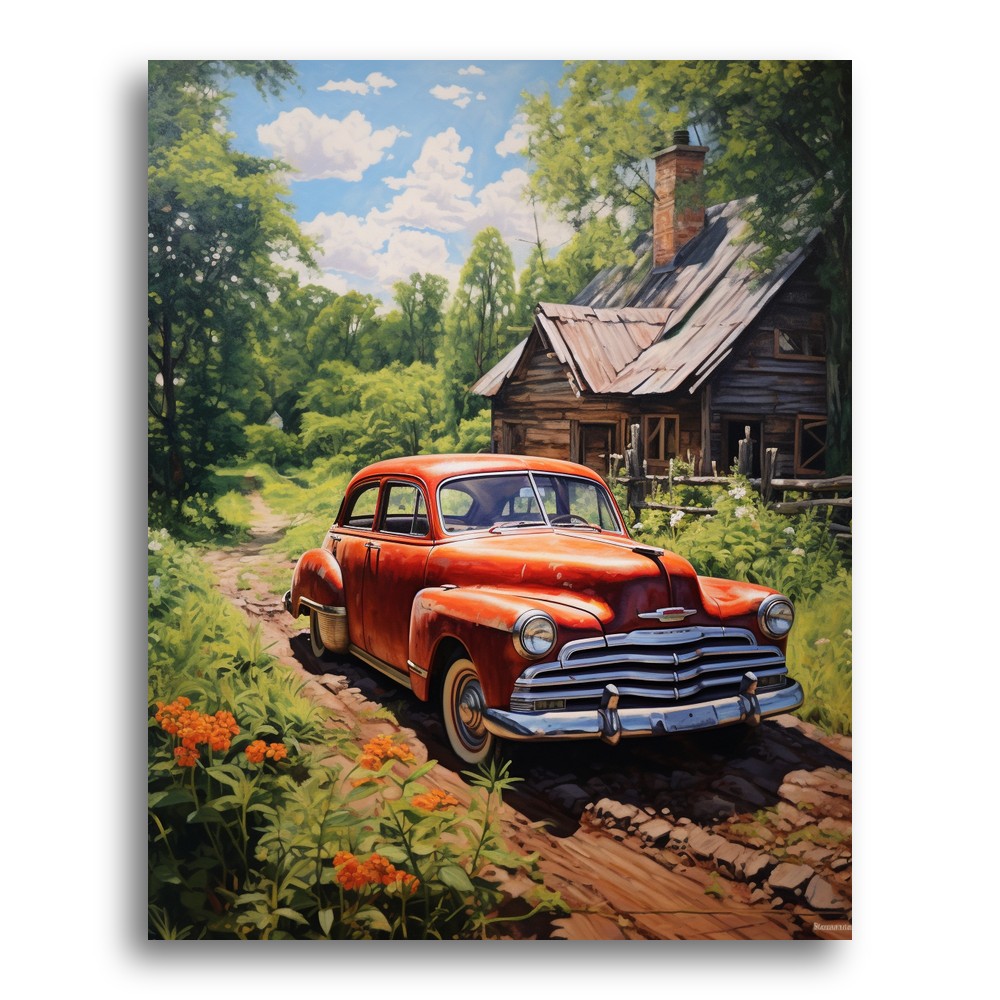 Vintage Red Car Cottage – Paint by Numbers Kit