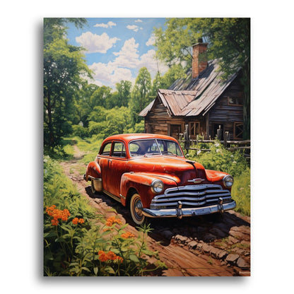 Vintage Red Car Cottage – Paint by Numbers Kit