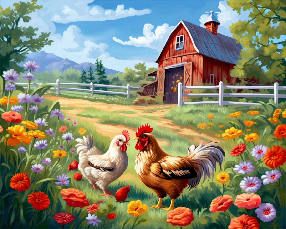 Country Rooster and Hen – Paint by Numbers Kit