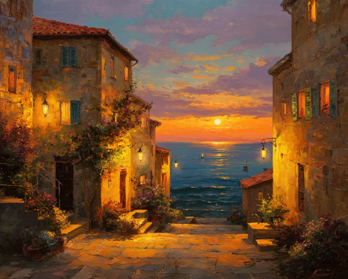 Sunset Coastal Village – Paint by Numbers Kit