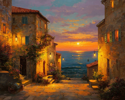 Sunset Coastal Village – Paint by Numbers Kit