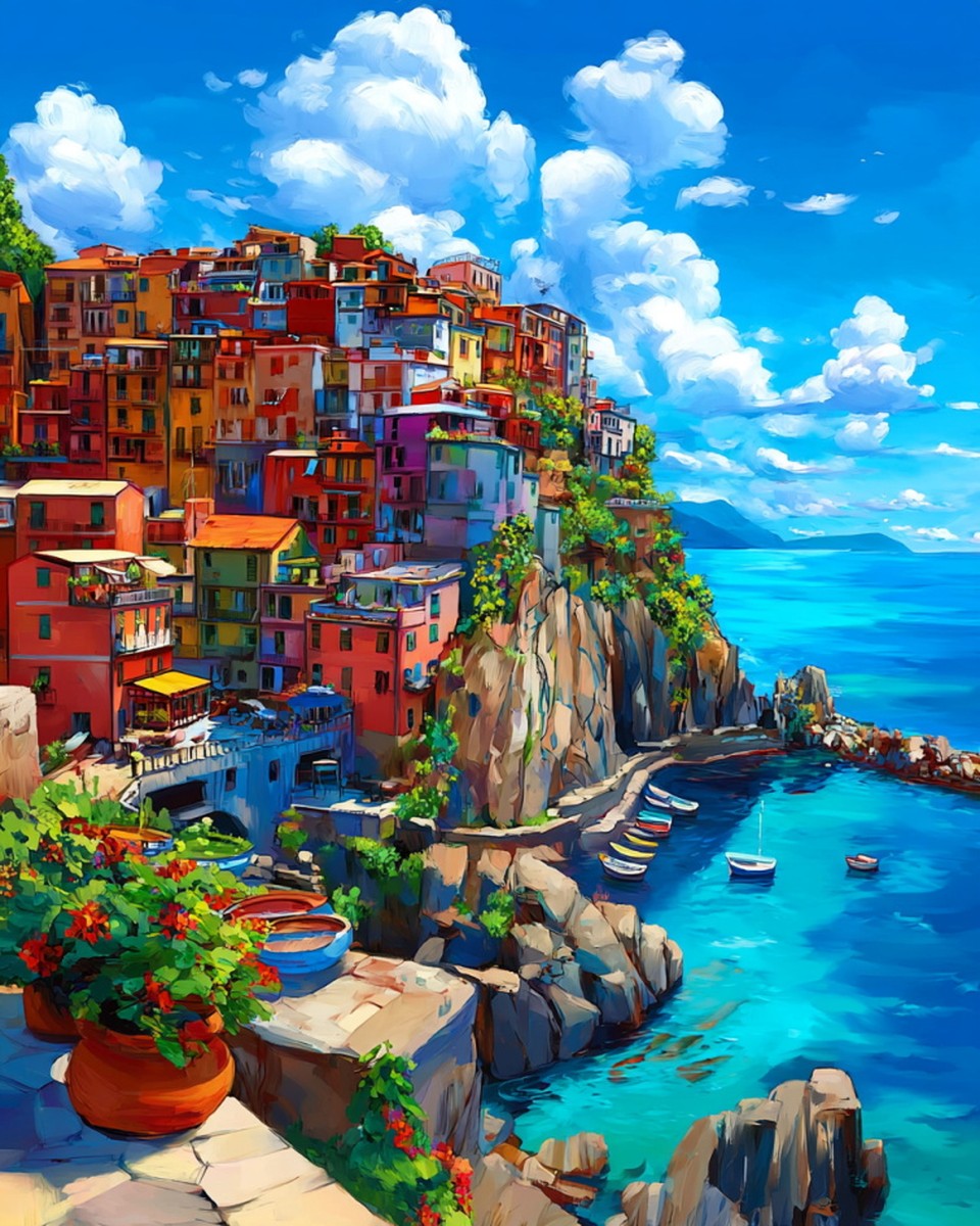Cliffside Coastal Village – Paint by Numbers Kit