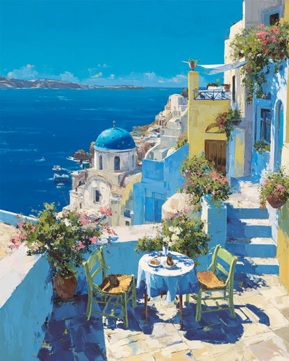Santorini Blue Dome View – Paint by Numbers Kit