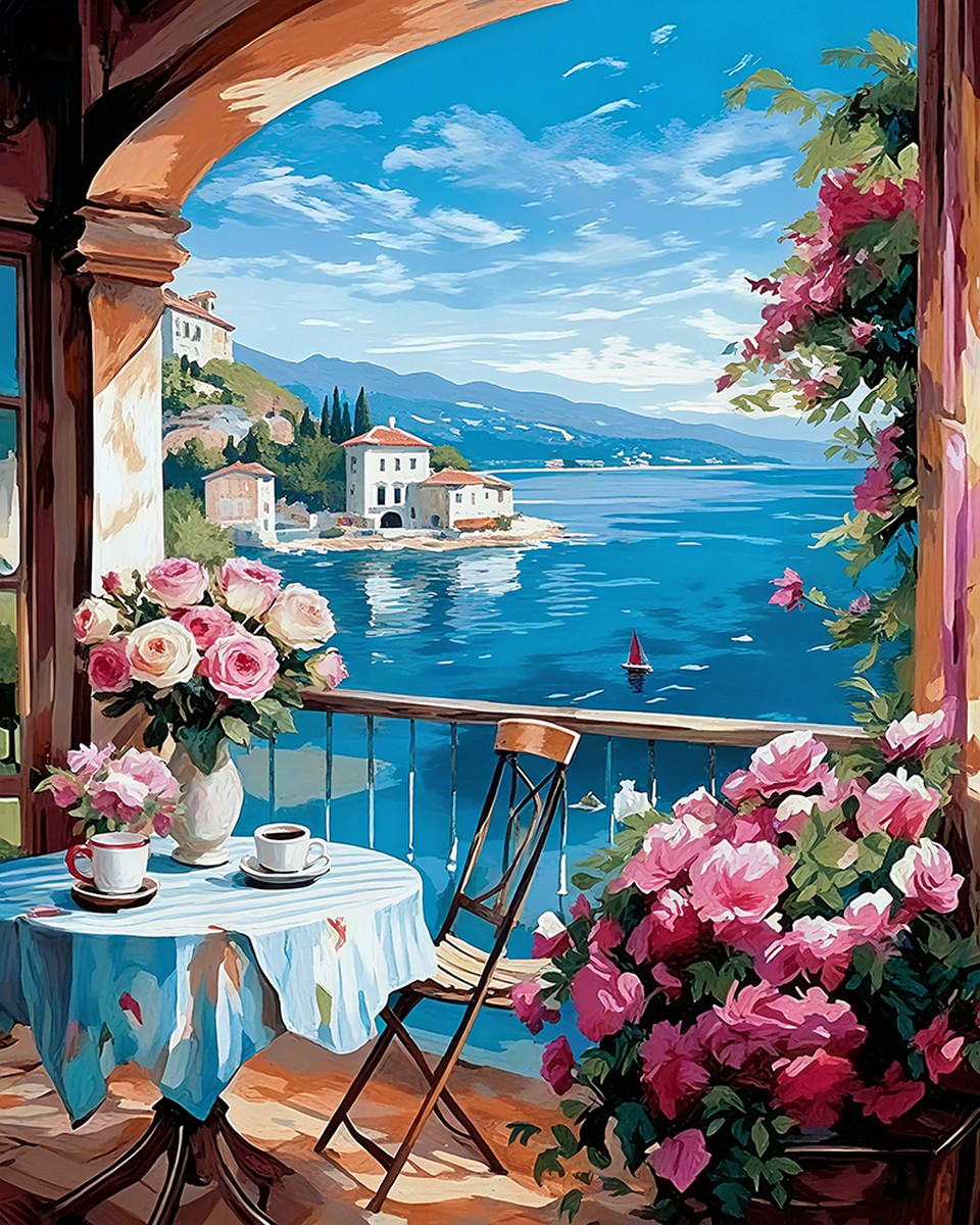 Coastal Balcony Roses – Paint by Numbers Kit