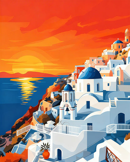 Santorini Sunset Village – Paint by Numbers Kit