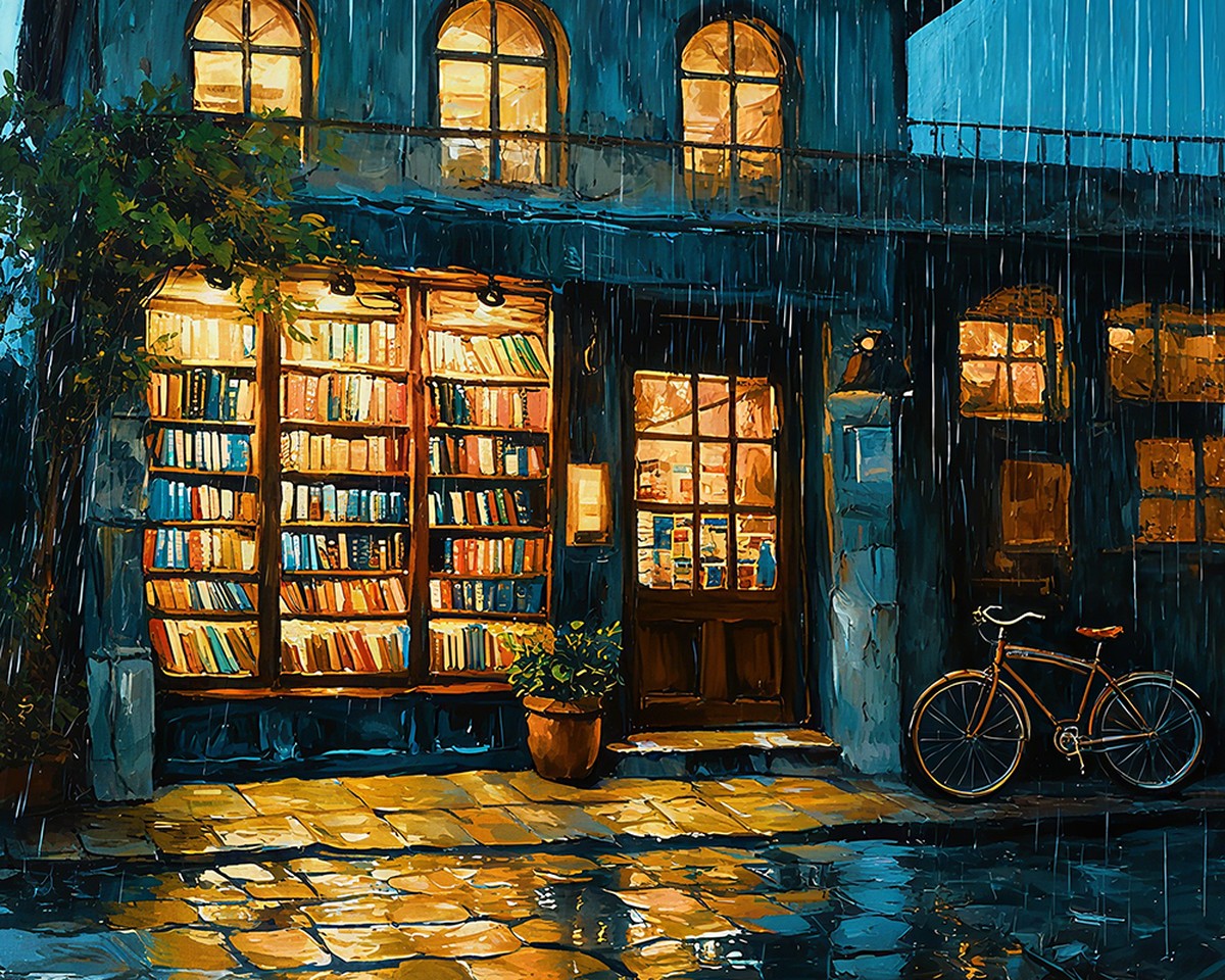 Rainy Evening Bookshop – Paint by Numbers Kit