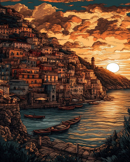 Sunset Coastal Village – Paint by Numbers Kit