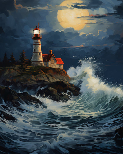 Lighthouse Beneath Full Moon – Paint by Numbers Kit