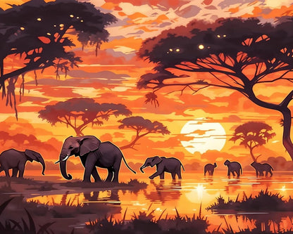 Sunset Elephant Herd – Paint by Numbers Kit