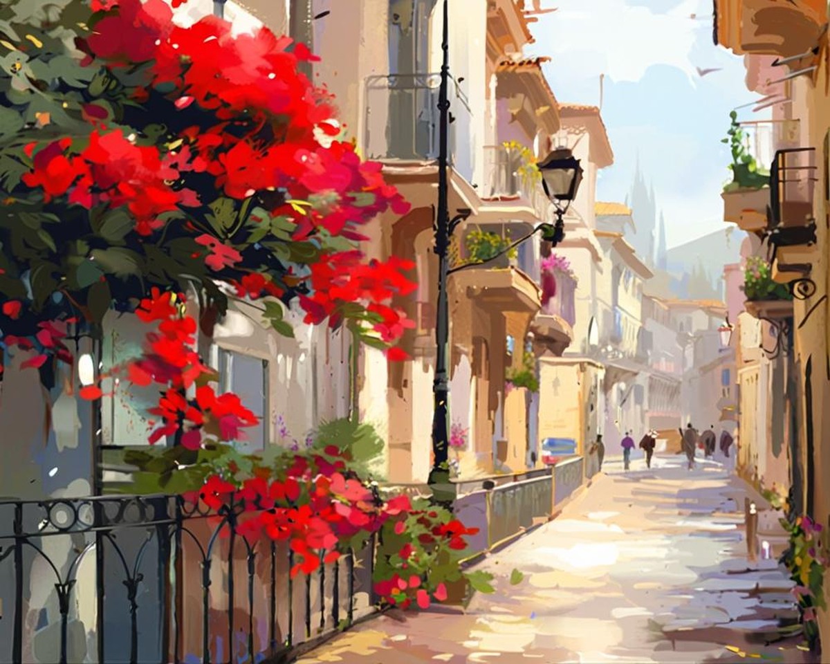 Sunlit Mediterranean Street – Paint by Numbers Kit