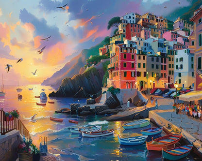 Sunset Coastal Village – Paint by Numbers Kit