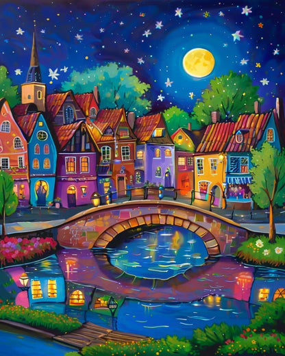 Moonlit Village Bridge – Paint by Numbers Kit