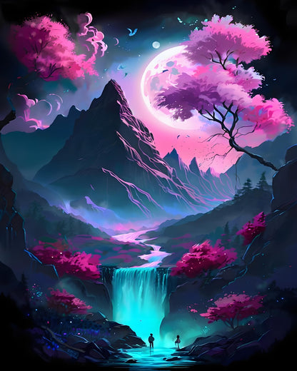 Moonlit Mountain Waterfall – Paint by Numbers Kit