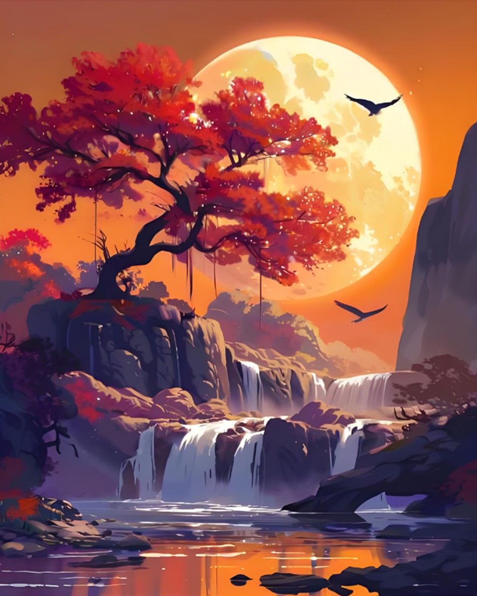 Crimson Moon Waterfalls – Paint by Numbers Kit