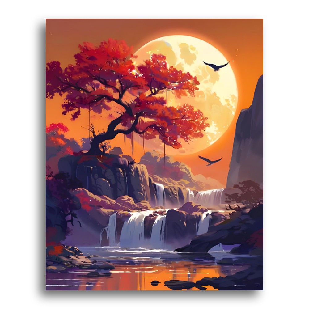 Crimson Moon Waterfalls – Paint by Numbers Kit