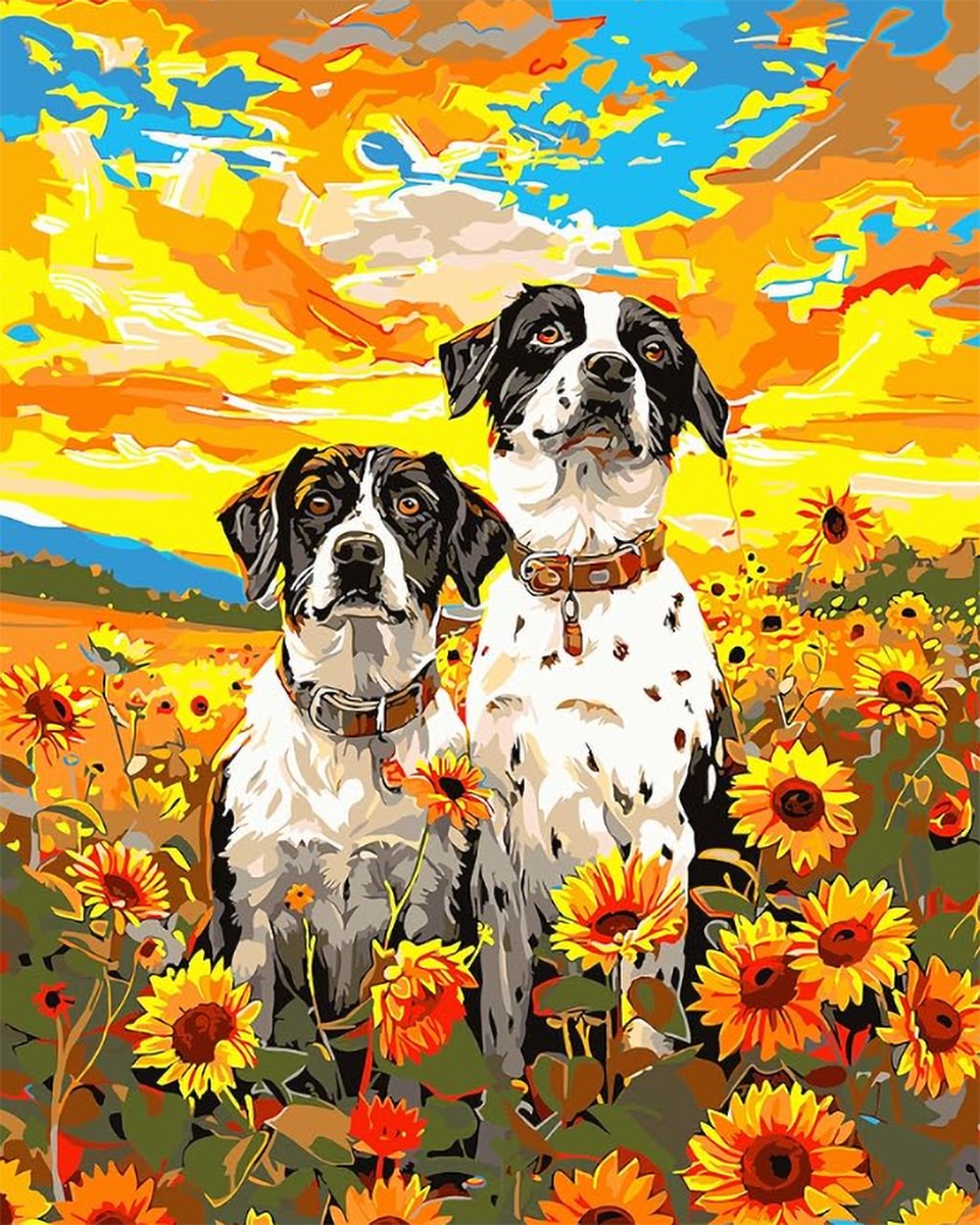 Sunset Dogs in Sunflowers – Paint by Numbers Kit