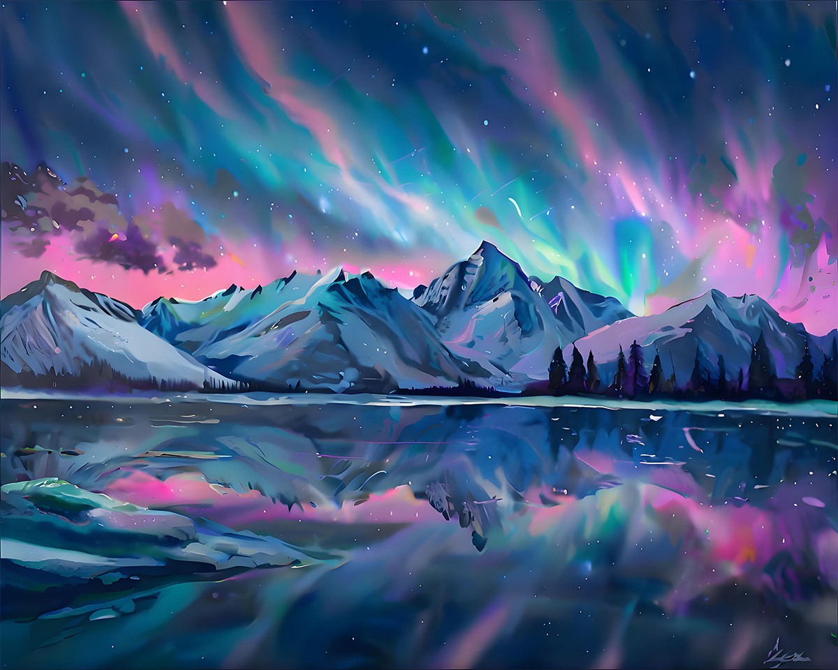 Aurora Over Mountain Lake – Paint by Numbers Kit