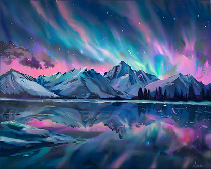 Aurora Over Mountain Lake – Paint by Numbers Kit
