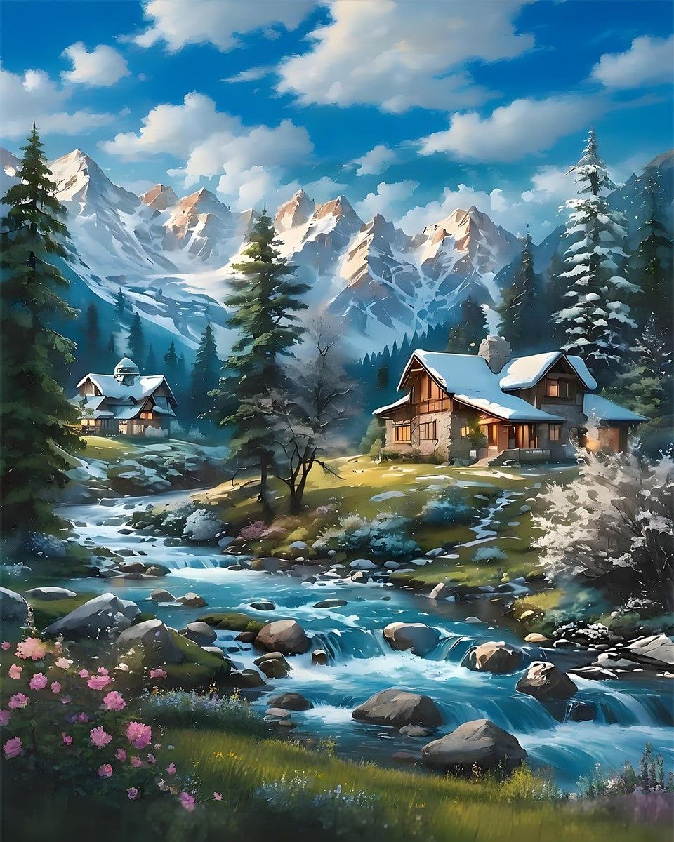 Mountain Stream Cottage – Paint by Numbers Kit