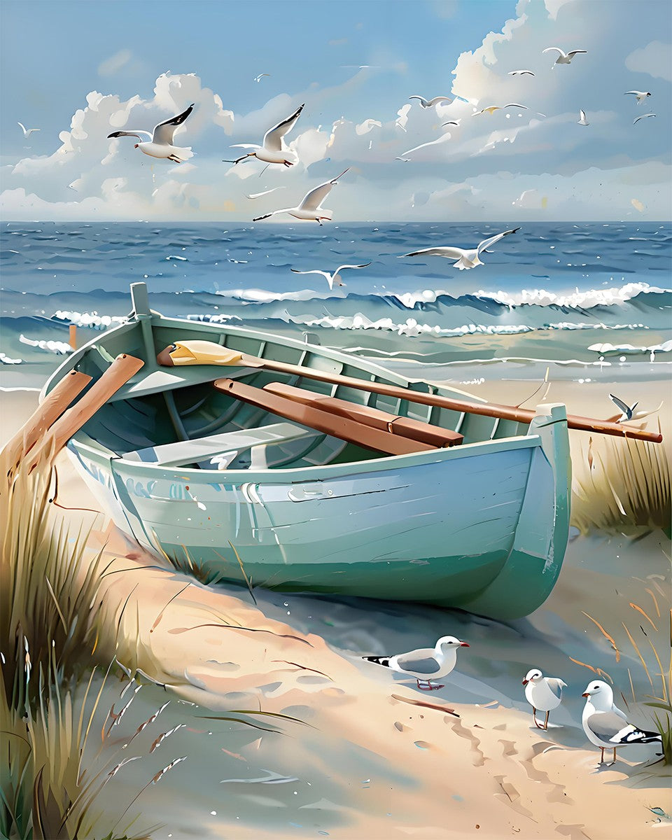 Seaside Rowboat and Gulls – Paint by Numbers Kit
