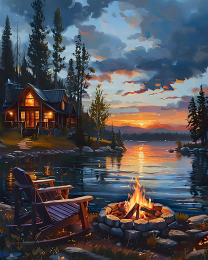 Lakeside Sunset Cabin – Paint by Numbers Kit