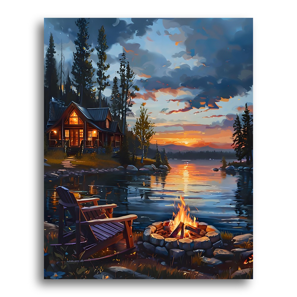 Lakeside Sunset Cabin – Paint by Numbers Kit