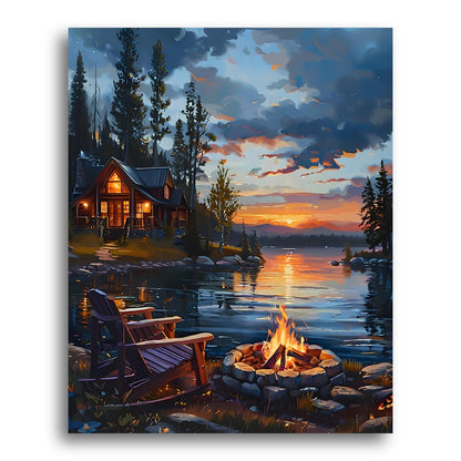 Lakeside Sunset Cabin – Paint by Numbers Kit