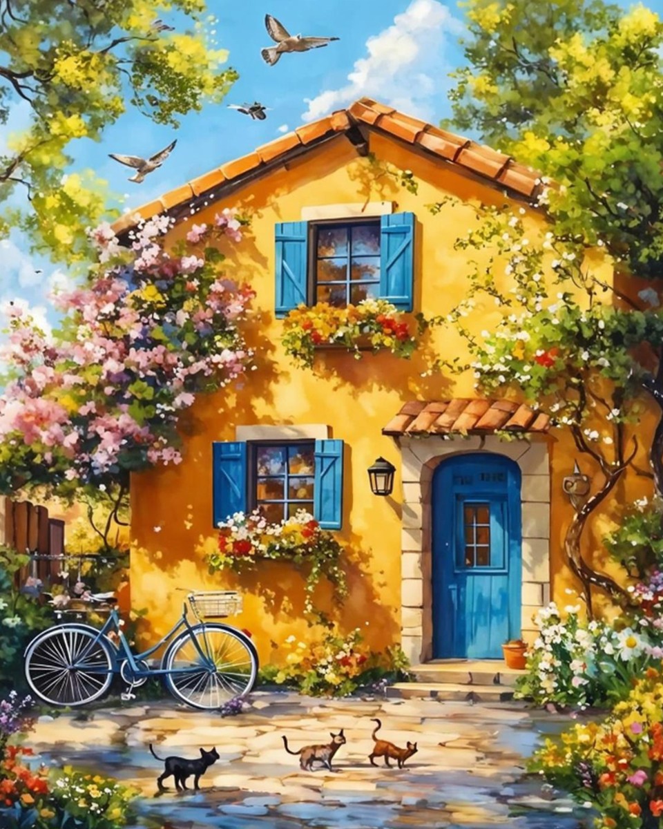 Sunny Cottage with Cats – Paint by Numbers Kit