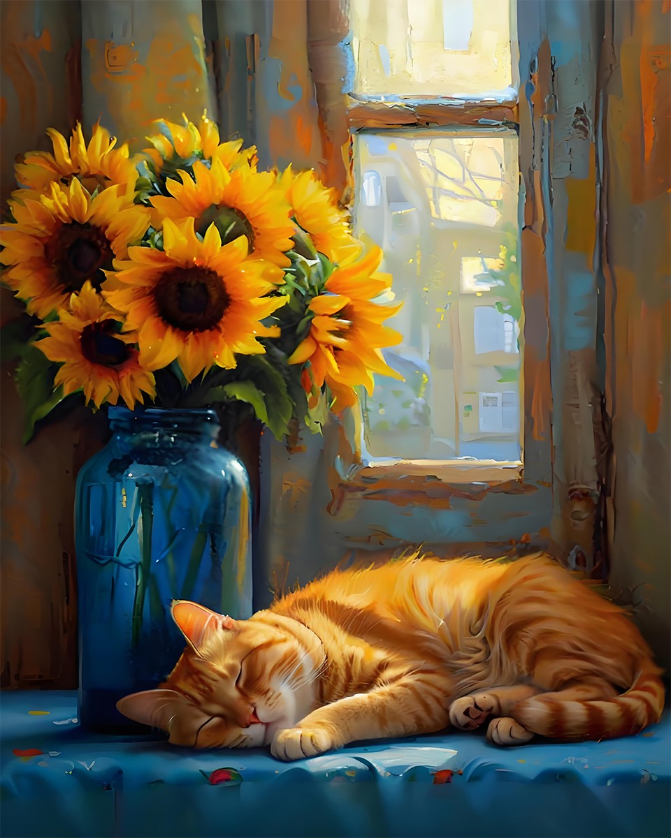 Sunlit Cat and Sunflowers – Paint by Numbers Kit