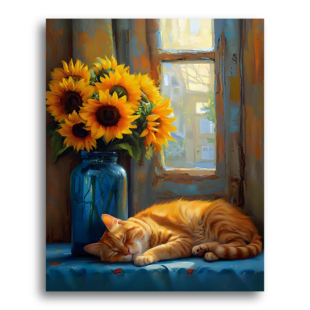 Sunlit Cat and Sunflowers – Paint by Numbers Kit
