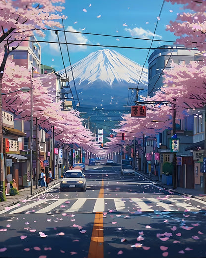 Cherry Blossom Street Mount Fuji – Paint by Numbers Kit