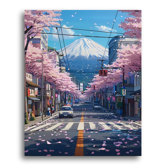 Cherry Blossom Street Mount Fuji – Paint by Numbers Kit