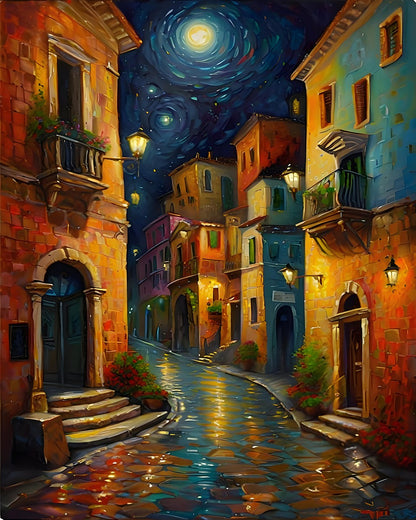 Moonlit Village Street – Paint by Numbers Kit