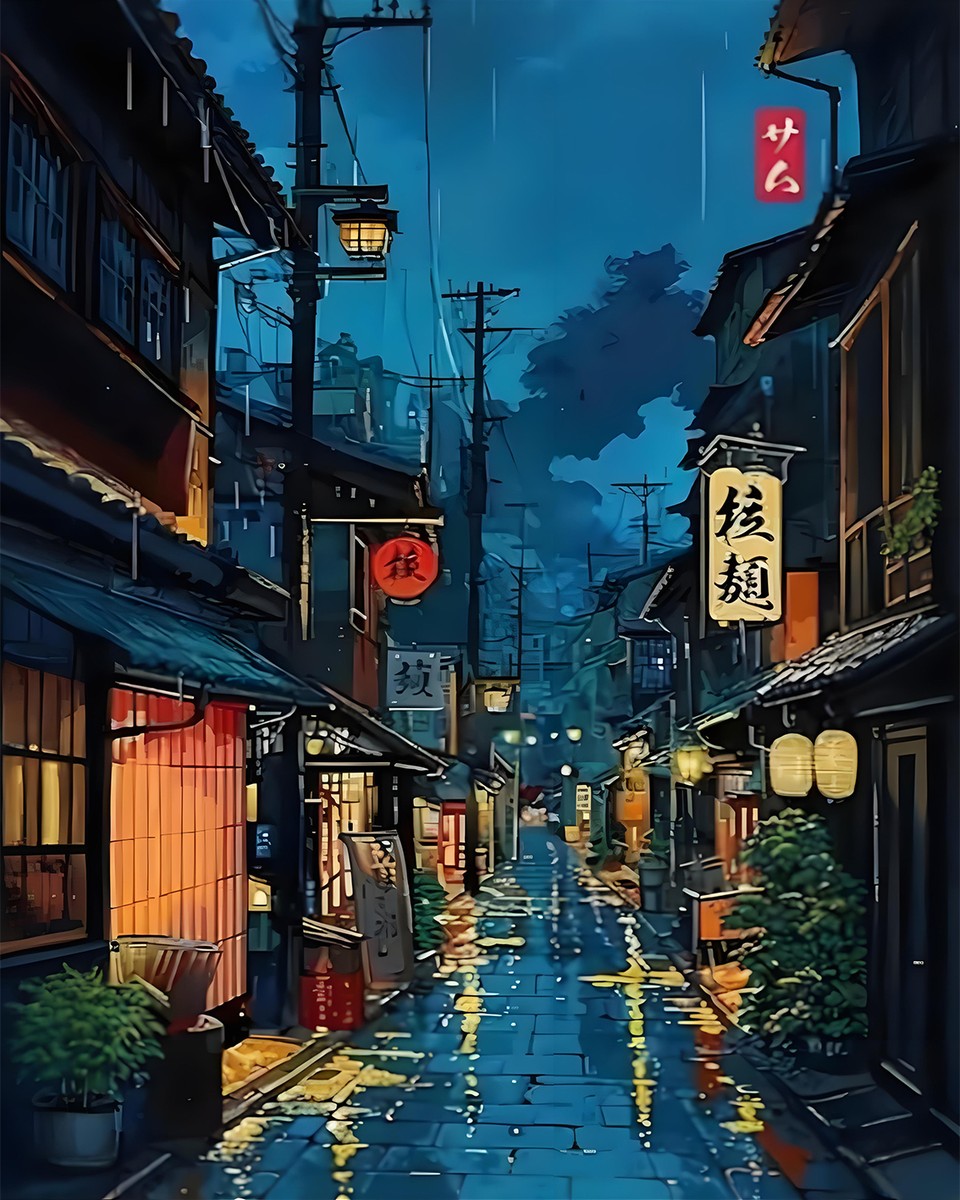 Rainy Lantern Street – Paint by Numbers Kit