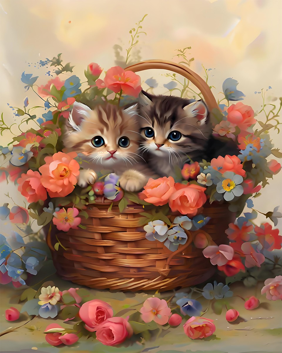 Kittens in Flower Basket – Paint by Numbers Kit