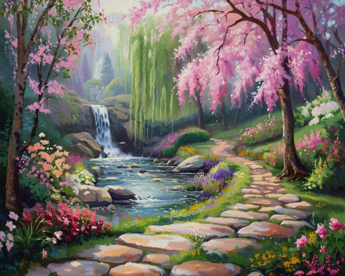 Cherry Blossom Waterfall Path – Paint by Numbers Kit