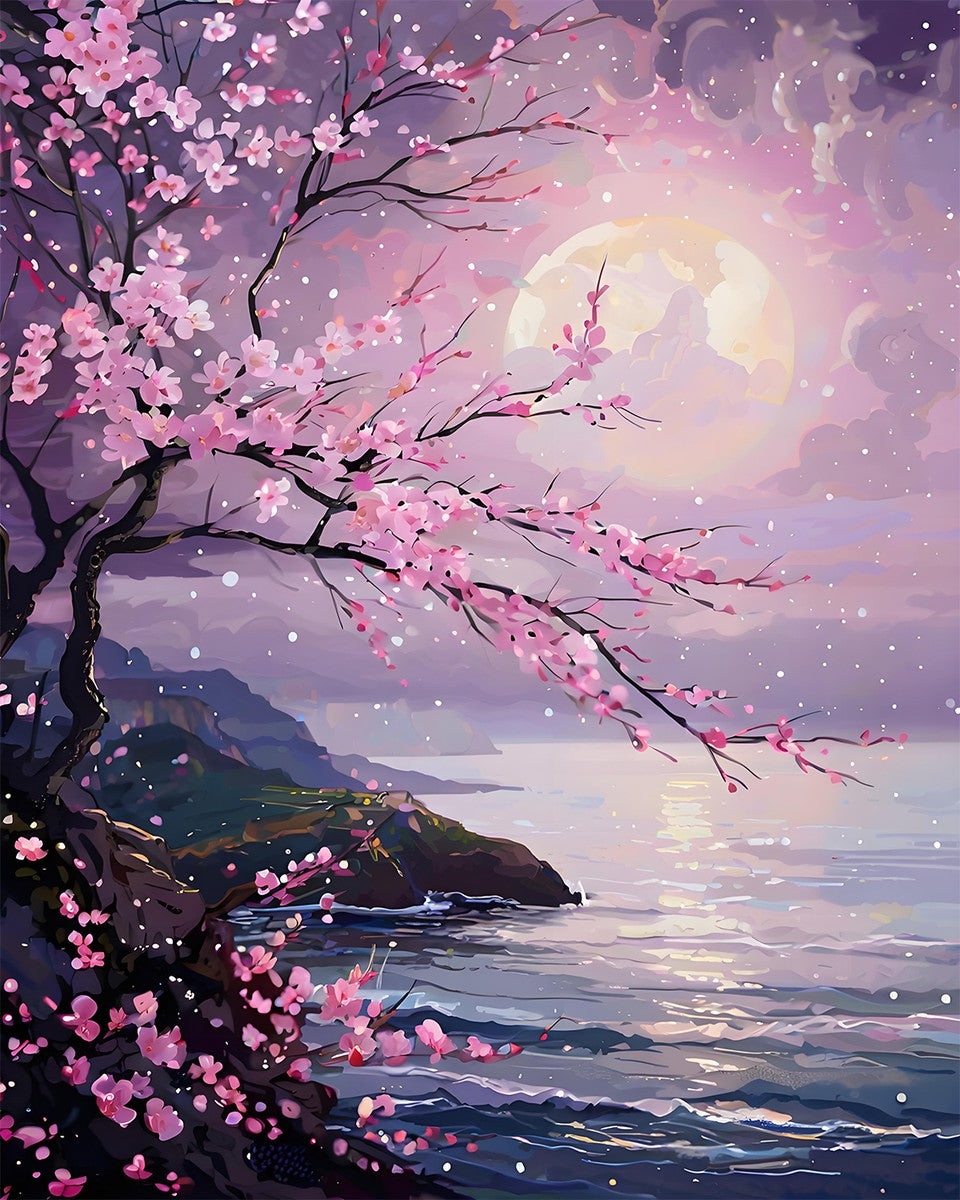 Moonlit Cherry Blossom Coast – Paint by Numbers Kit