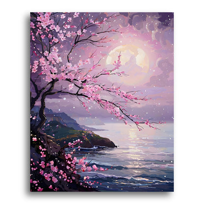Moonlit Cherry Blossom Coast – Paint by Numbers Kit