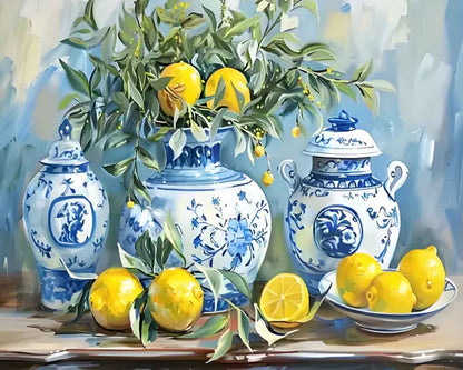 Blue Porcelain Lemon Still Life – Paint by Numbers Kit