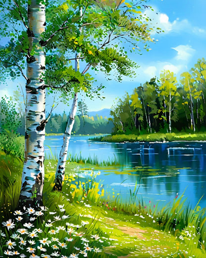 Birch Trees by River – Paint by Numbers Kit